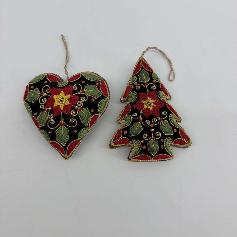 Handcrafted Velvet Tree & Heart Shaped Christmas Ornaments Red & Gold Embroidery